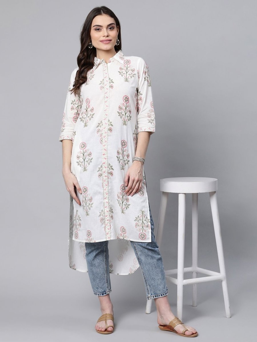 Ahalyaa Women's Off White Pure Cotton Floral Printed Kurta | Swadesiicart