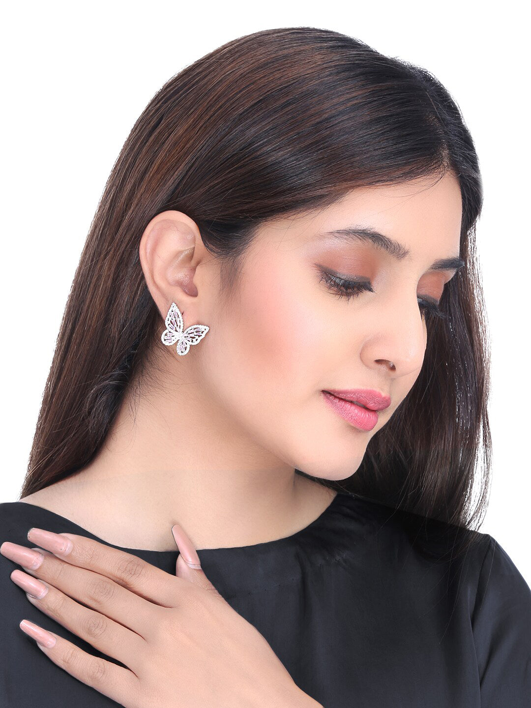 Yellow Chimes Silver-Toned & Pink Quirky Butterfly Studs Earrings - Swadesiicart