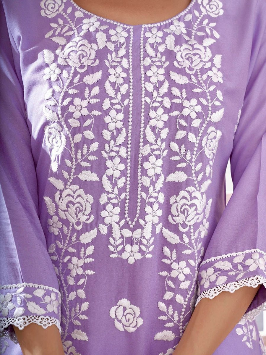 Anouk Floral Embroidered Round Neck Chikankari Straight Kurta | Swadesiicart