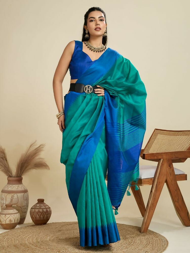 Vishnu Weaves Women's Firozi Raw Silk Thread Woven Saree with Blouse - Swadesiicart