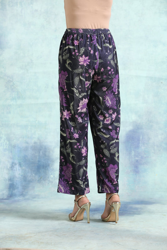 trueBrowns Black Printed Velvet Pant | Swadesiicart