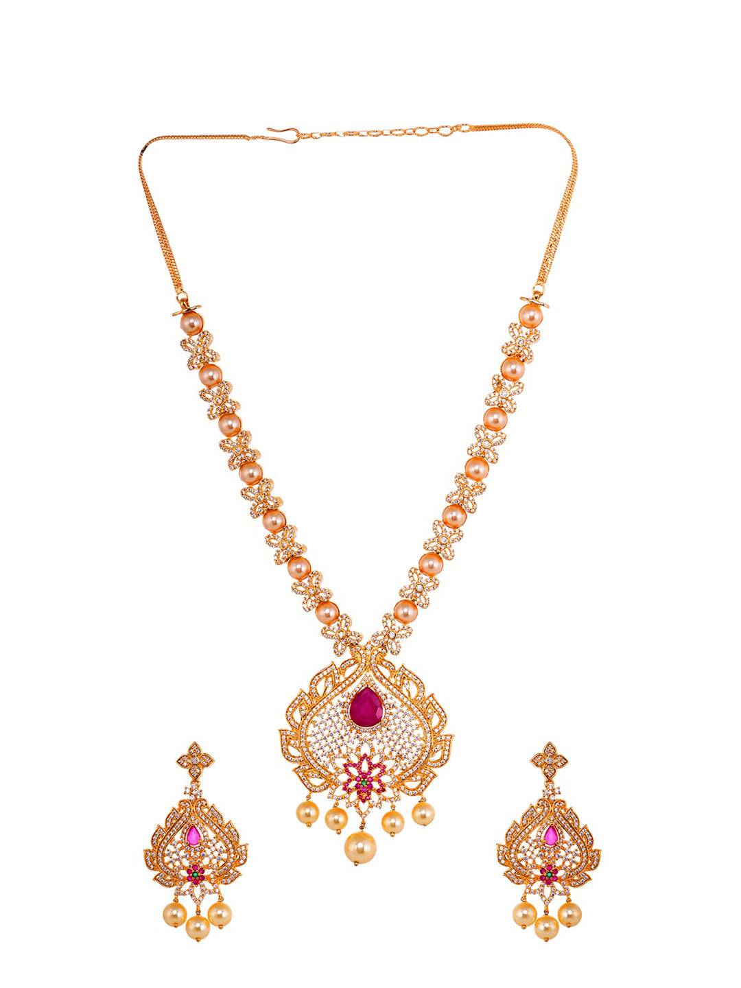 Saraf RS Jewellery Gold-Polished White & Pink American Diamond Studded & Beaded Handcrafted Jewellery Set - Swadesiicart