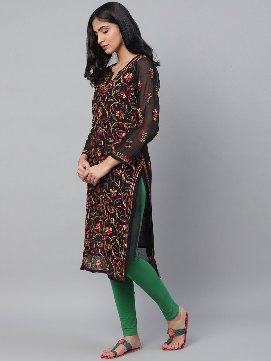 ADA Women Black & Pink Chikankari Hand Embroidered Semi-Sheer Straight Sustainable Kurta With Slip | Swadesiicart