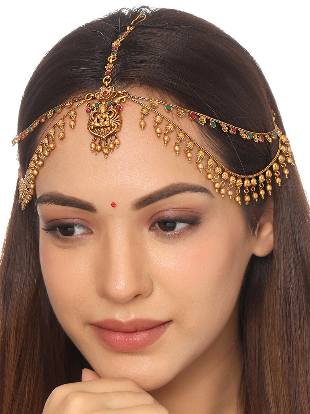 Yellow Chimes Gold-Polished Red & Green Stone-Studded Layered Bridal Traditional Mathapatti | Swadesiicart