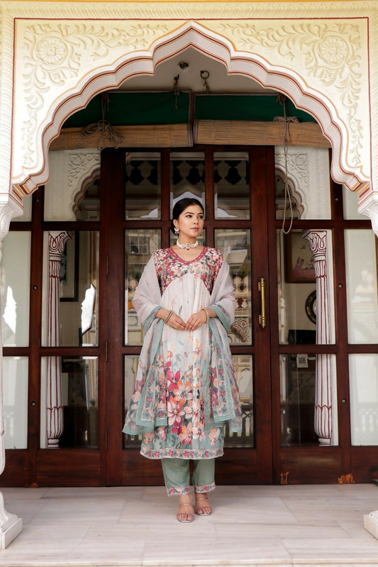 Vaasva Women Maroon Muslin Floral Printed Alia Cut Kurta, Pant & Dupatta set | Swadesiicart