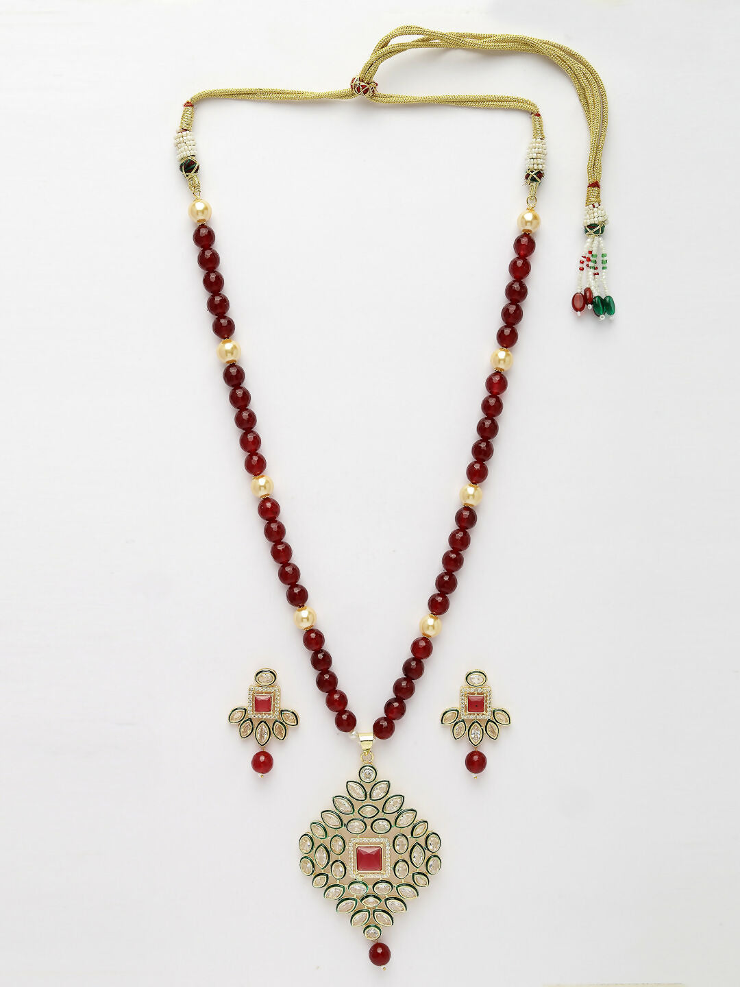 NVR Women's Red Kundan-Studded & Beaded Handcrafted Jewellery Set - Swadesiicart