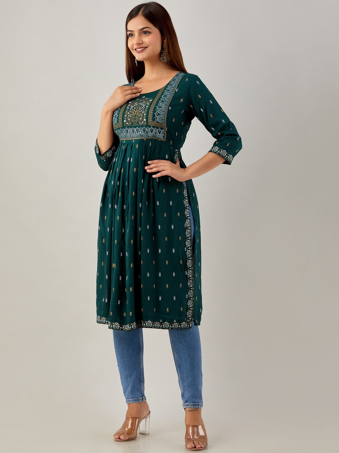 Kalini Ethnic Motifs Printed Mirror Work Kurta - Swadesiicart