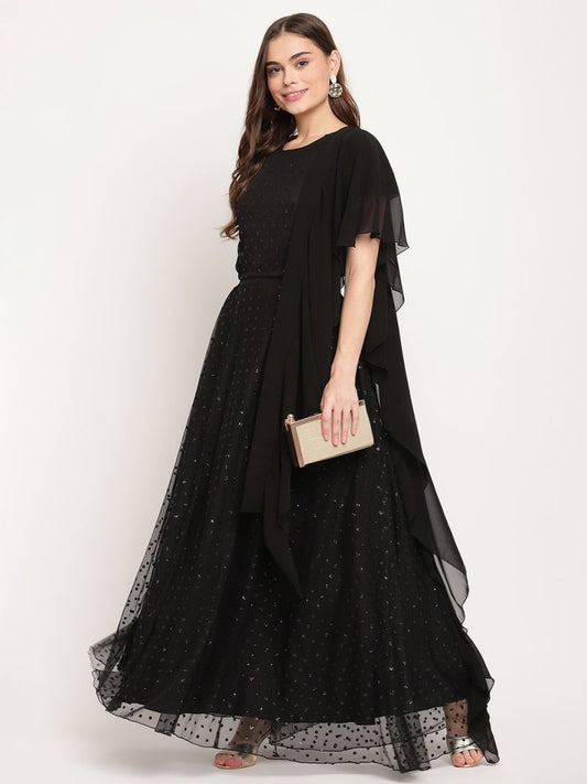 Ahalyaa Women's Black Net Glitter Print Top Skirt Set With Dupatta | Swadesiicart