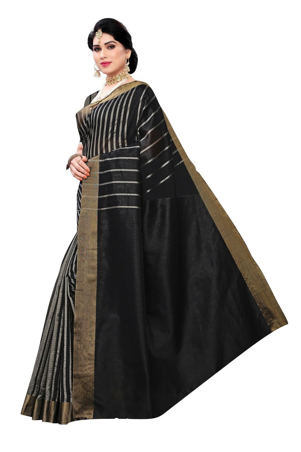 Vamika Black and White Lines Cotton Silk Weaving Saree (Paithani Black) | Swadesiicart