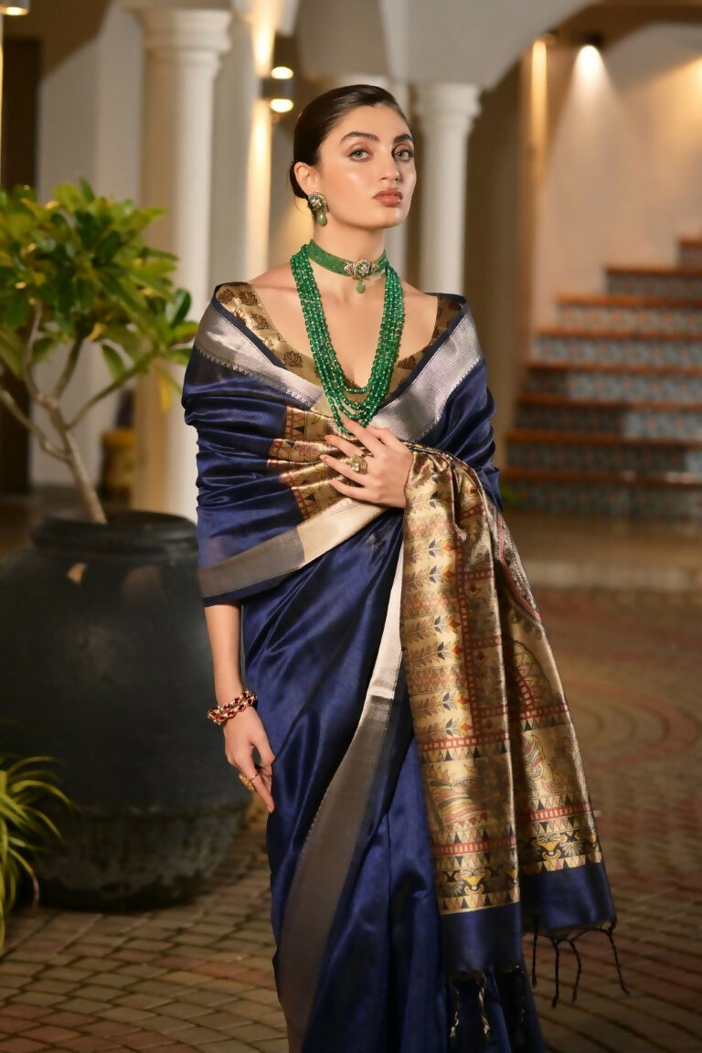 Vishnu Weaves Women's Blue Soft Tussar Silk Printed Saree with Blouse - Swadesiicart