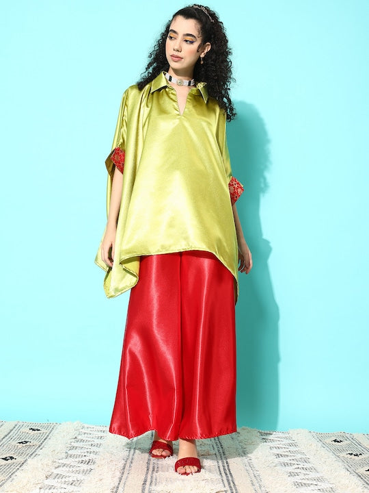 InWeave Women's Olive Red Brocade Satin Boho Kurta Red Palazzo Set - Swadesiicart