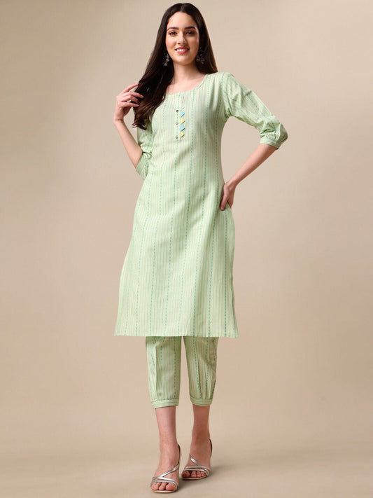 Kalini Striped Puff Sleeves Kurta with Trousers - Swadesiicart