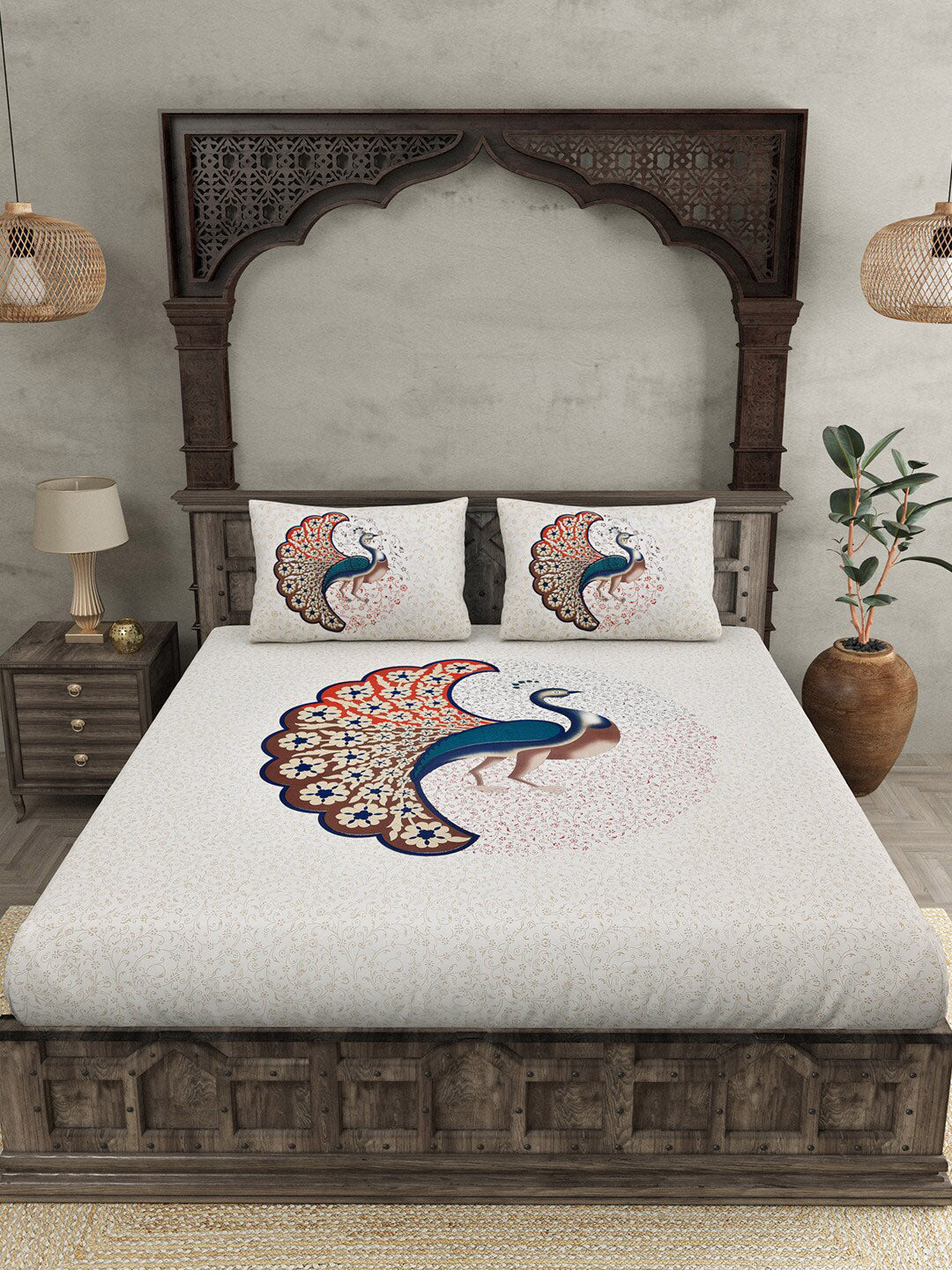 JAIPUR FABRIC Off White & Red Printed 240 TC Cotton King Bedsheet with 2 Pillow Covers | Swadesiicart