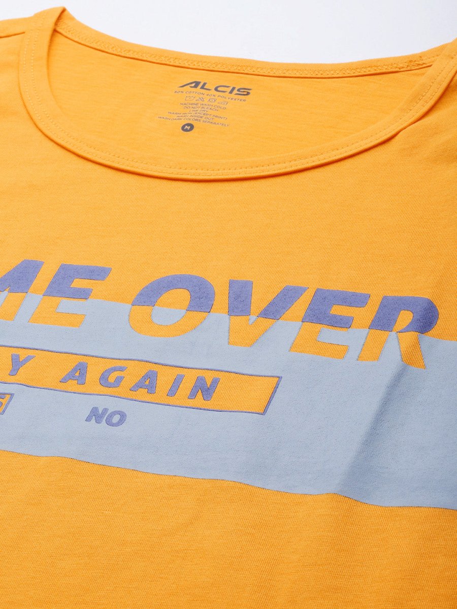 Alcis Men Mustard Yellow Typography Printed Slim Fit Gym T-shirt | Swadesiicart