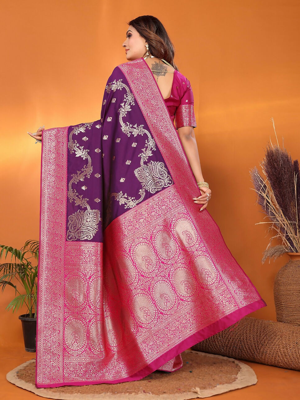 Joban Fashion Banarasi Plum Woven Soft Silk Saree | Swadesiicart