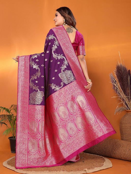 Joban Fashion Banarasi Plum Woven Soft Silk Saree | Swadesiicart