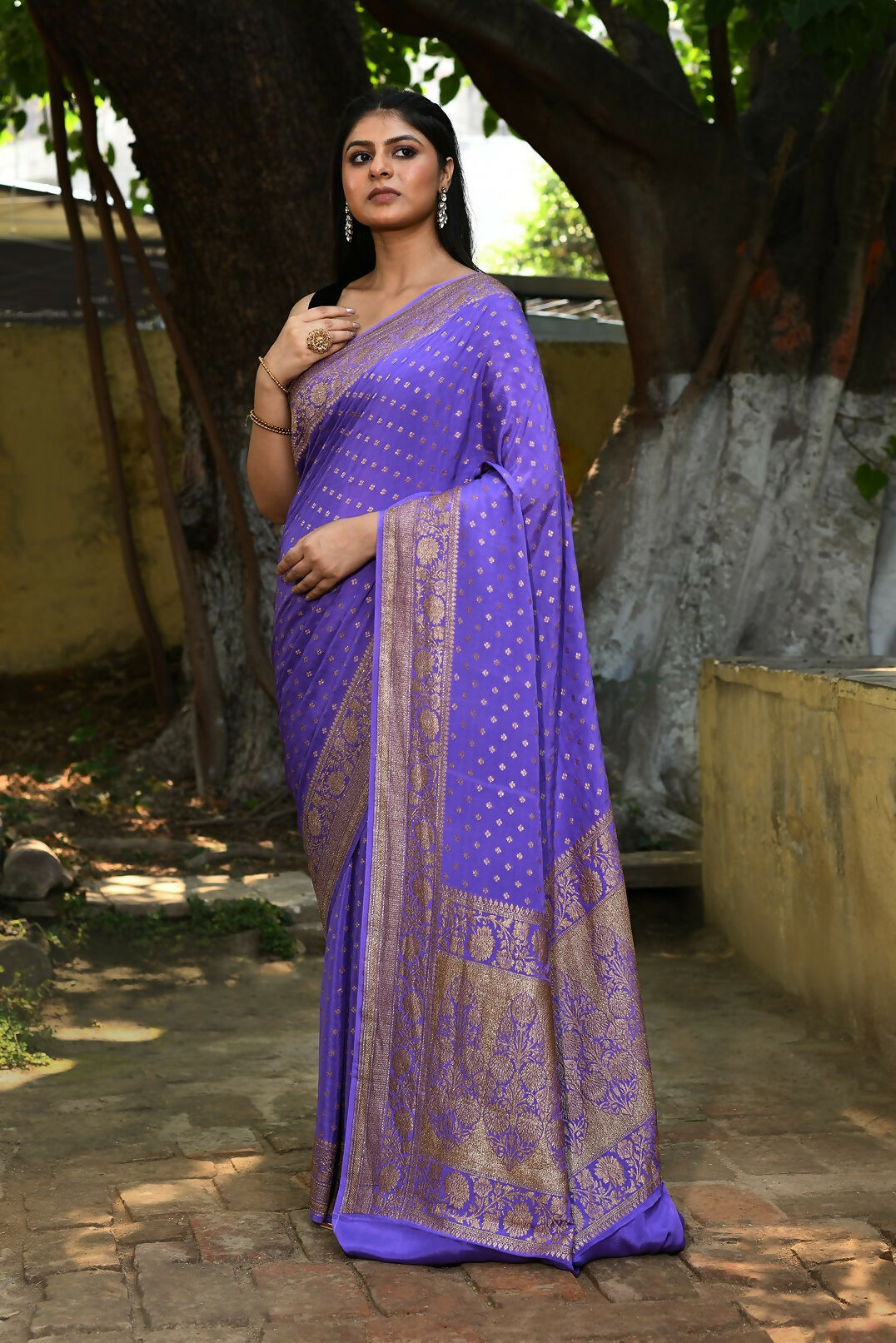 Joban Fashion Lavender Crepe Chiffon Pure Handloom Banarasi Silk Saree | Swadesiicart