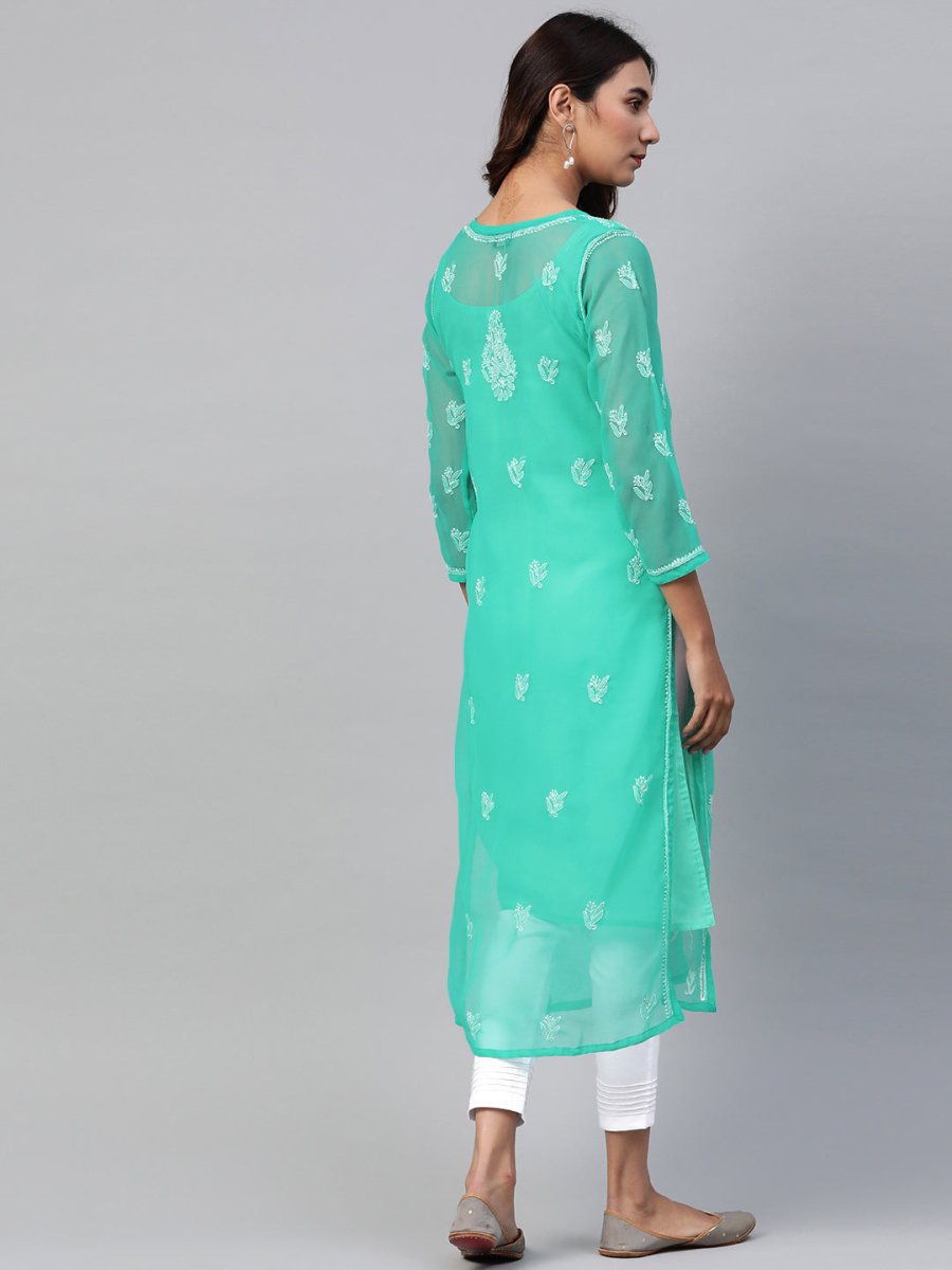 ADA Women Sea Green & White Chikankari Embroidered Kurta with Trousers | Swadesiicart