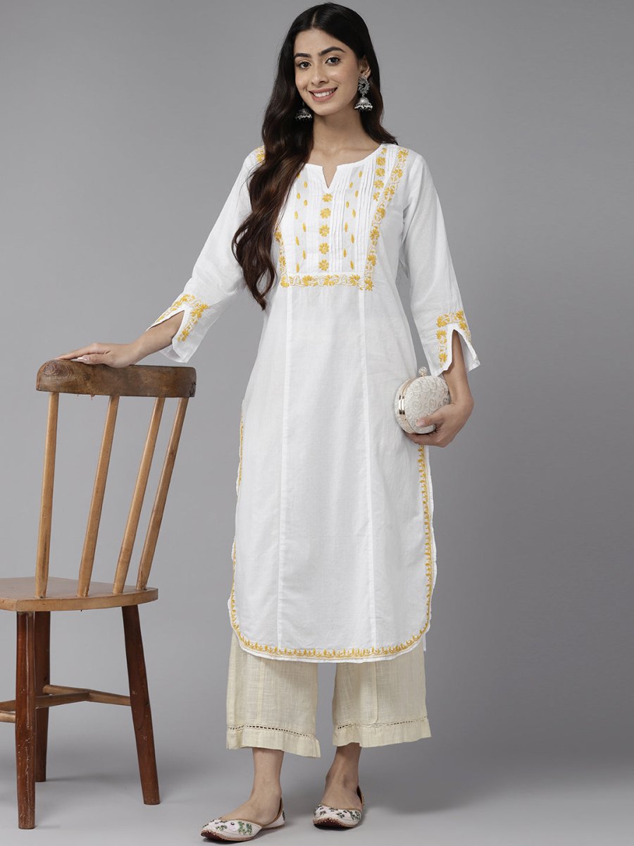 ADA Ethnic Motifs Embroidered Chikankari Cotton Kurta | Swadesiicart