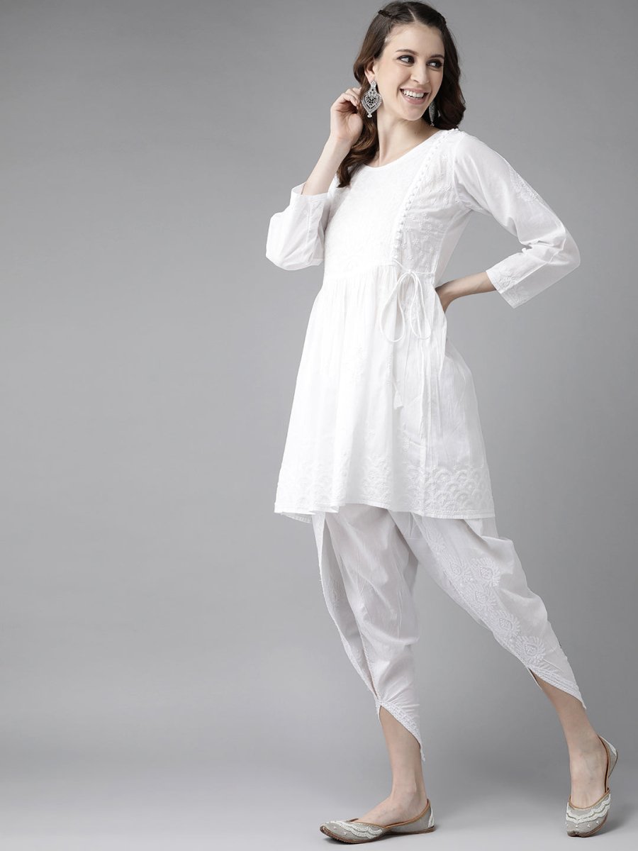 ADA Women White Cotton Sustainable Hand Embroidered Chikankari A-line Handloom Kurta & Dhoti Pants | Swadesiicart
