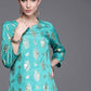 Biba Women Turquoise Blue Ethnic Motifs Foil Printed Keyhole Neck Kurta - Swadesiicart