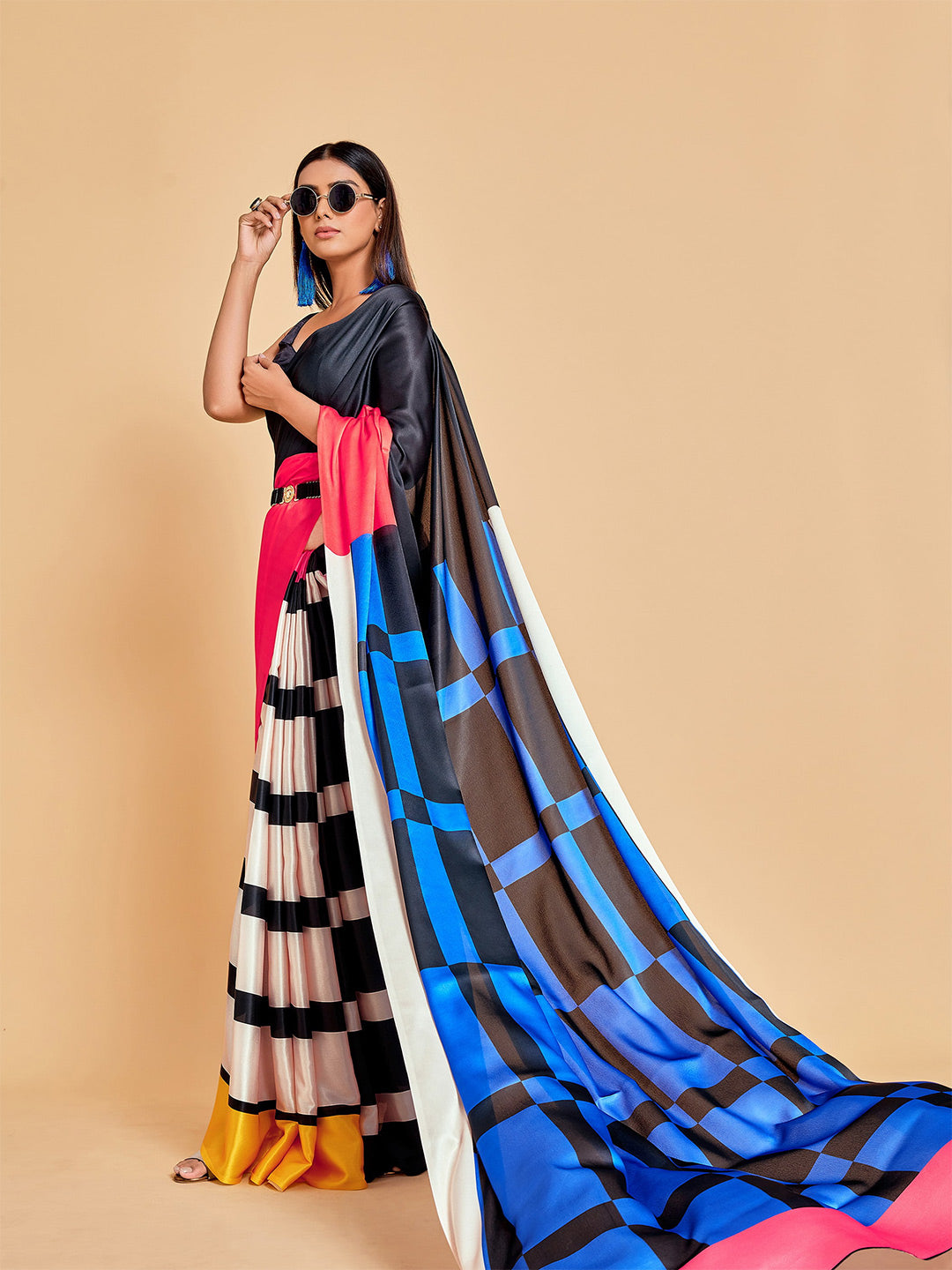 Sangria Blue & Black Striped Satin Ready to Wear Saree | Swadesiicart
