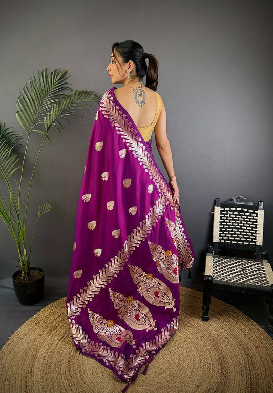 Joban Fashion Banarasi Purple Woven Soft Silk Saree | Swadesiicart