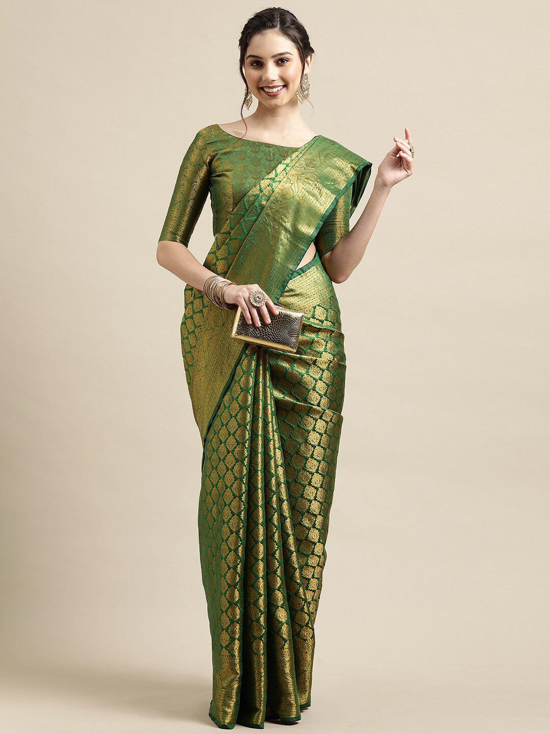 Saree Mall Green & Gold-Toned Woven Design Zari Silk Blend Banarasi Saree | Swadesiicart