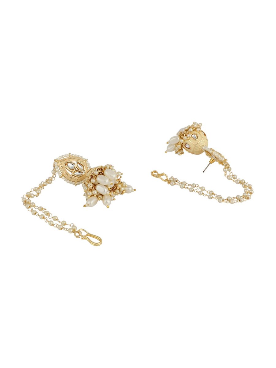 Anikas Creation Cream-Coloured & Gold Toned Kundan & Pearl Jadau Dome Shaped Jhumkas | Swadesiicart
