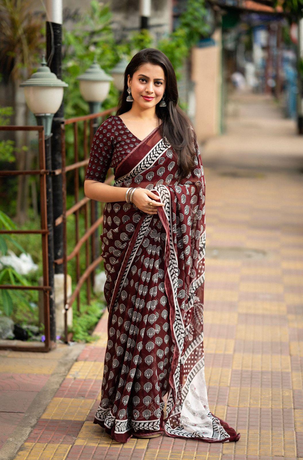 Maroon Poly Georgette Ajrak Saree with Unstitched Blouse - Hiral Fashion | Swadesiicart