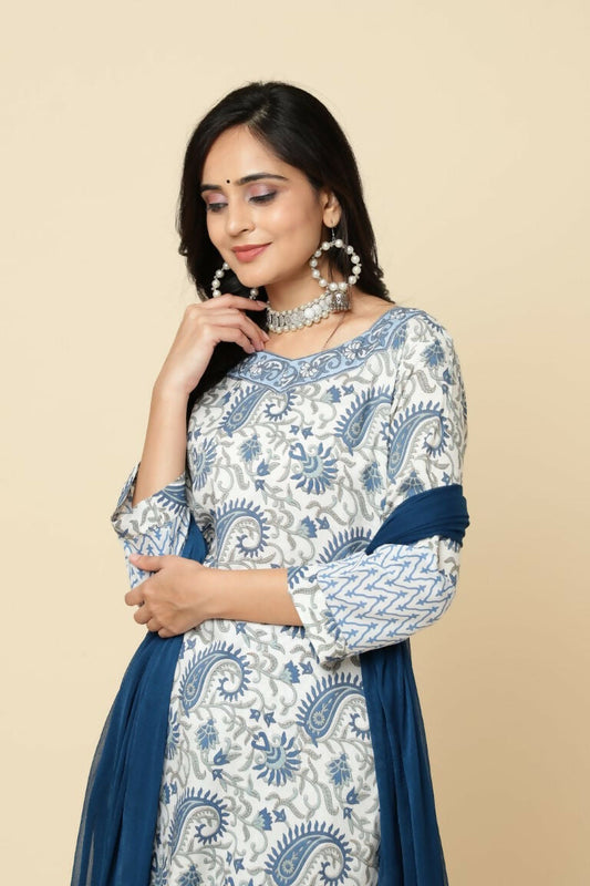 Designer Stylish White Keri cotton Stitched Suit With Dupatta - Tanisha | Swadesiicart