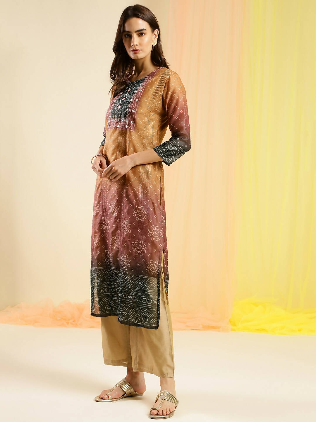 Orange Chinon Digital Printed With Hand Work Kurta - Himanshi - Swadesiicart