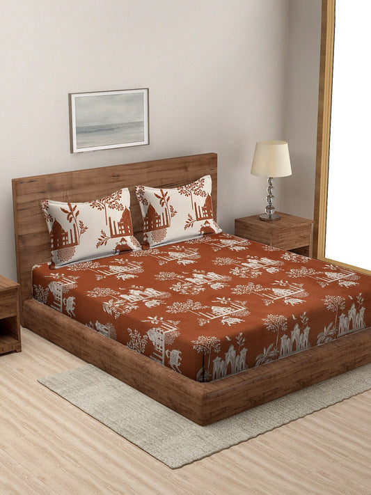 Rajasthan Decor Rust & Cream Printed Cotton 160 TC King Bedsheet with 2 Pillow Covers - Swadesiicart