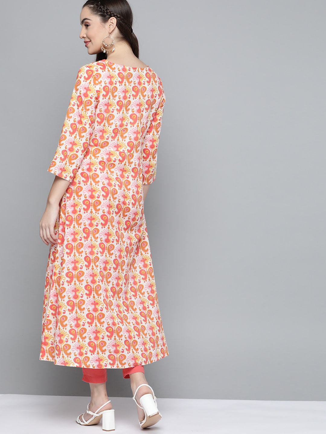 HERE&NOW Women Orange & White Ethnic Motifs Printed Kurta - Swadesiicart