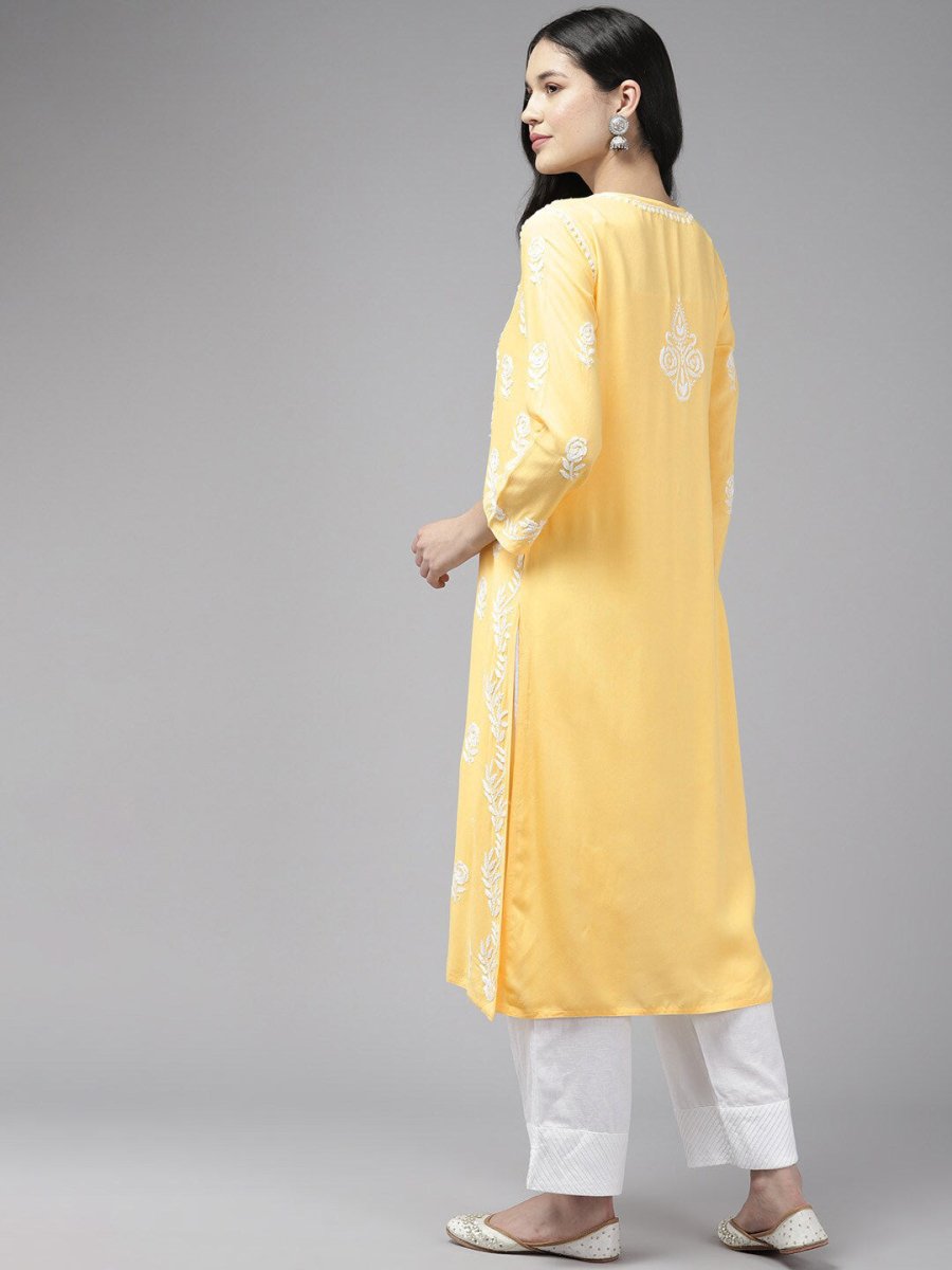 ADA Floral Embroidered Lucknowi Chikankari Cotton Silk Straight Kurta | Swadesiicart