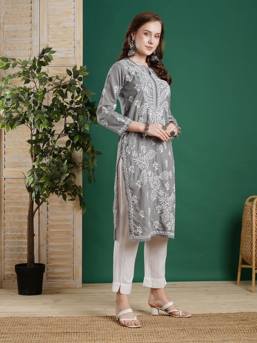 ADA Women Grey & White Chikankari Embroidered Straight Kurta | Swadesiicart