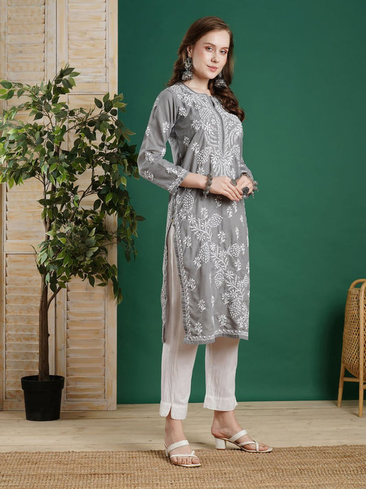 ADA Women Grey & White Chikankari Embroidered Straight Kurta | Swadesiicart