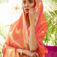 Mitera Peach-Coloured & Golden Floral Zari Silk Blend Banarasi Saree | Swadesiicart