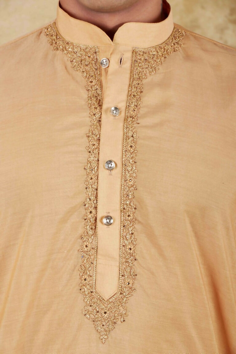 Bluesaanchi Men's Chandery Silk Khaki Embroidered Kurta Set | Swadesiicart