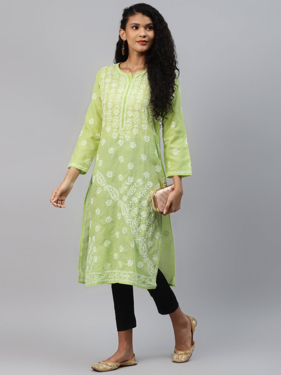 ADA Women Green & White Ethnic Motifs Chikankari Hand Embroidered Sustainable Kurta | Swadesiicart