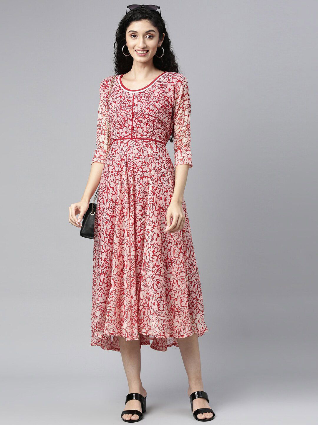 Souchii White & Red Floral Layered Chiffon Beautiful Midi Dress - Swadesiicart