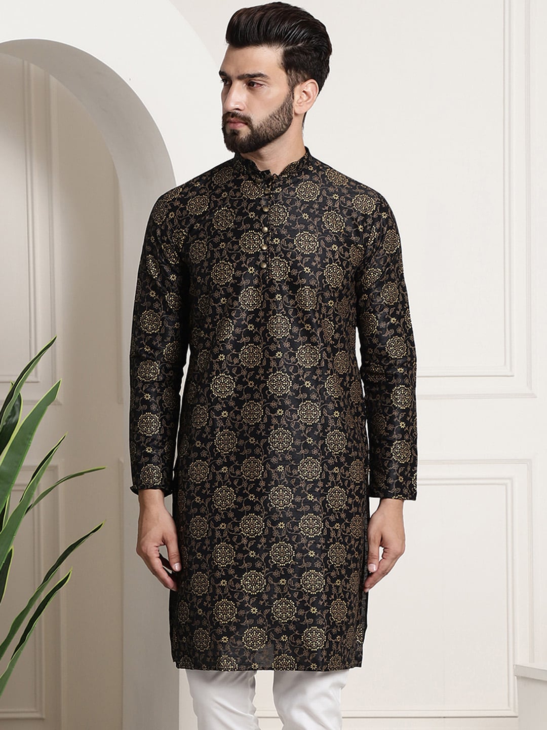 Sojanya Men Black & Brown Ethnic Motifs Printed Kurta | Swadesiicart