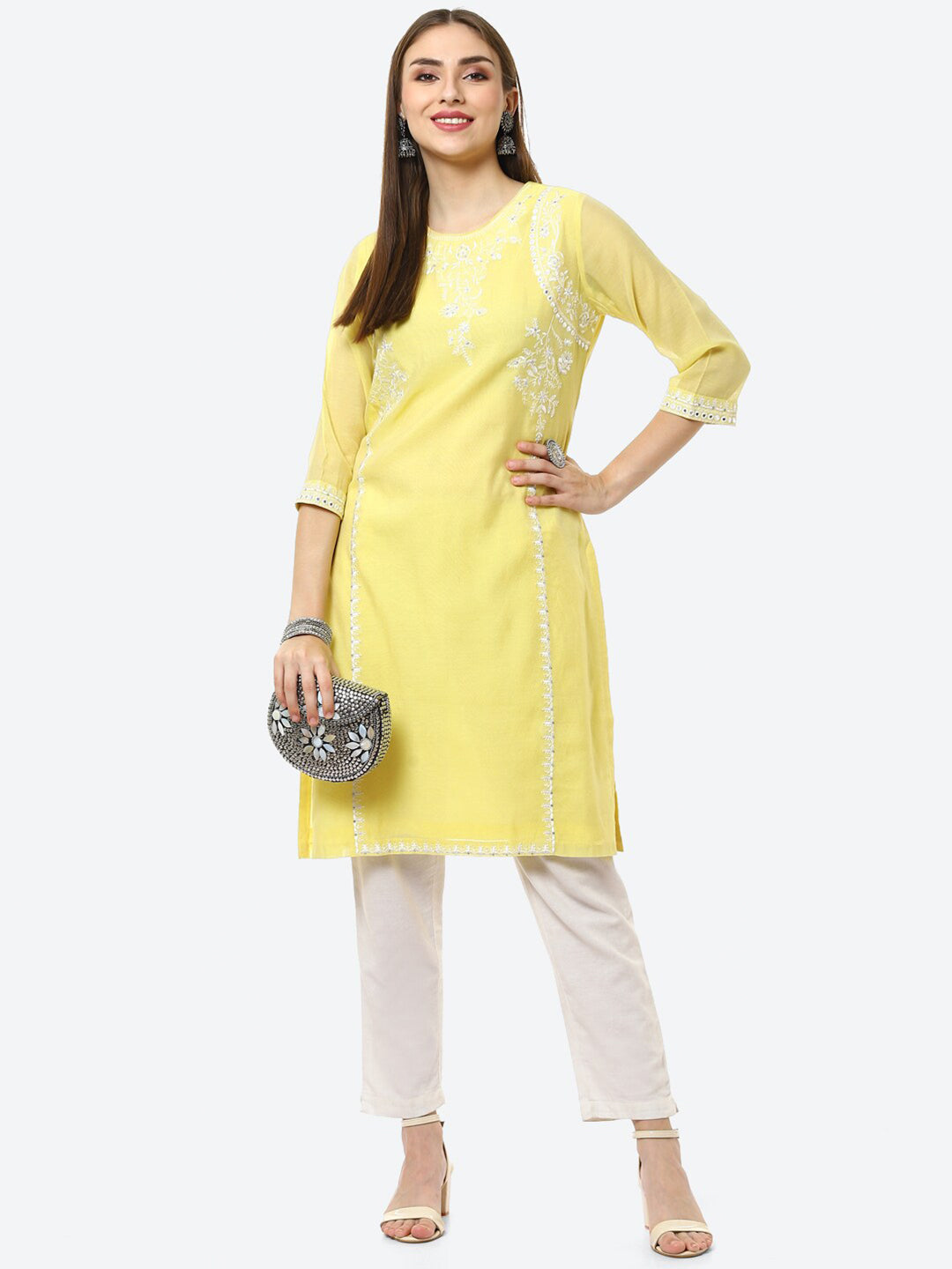 Biba Women Yellow Ethnic Motifs Embroidered Chikankari Kurta | Swadesiicart