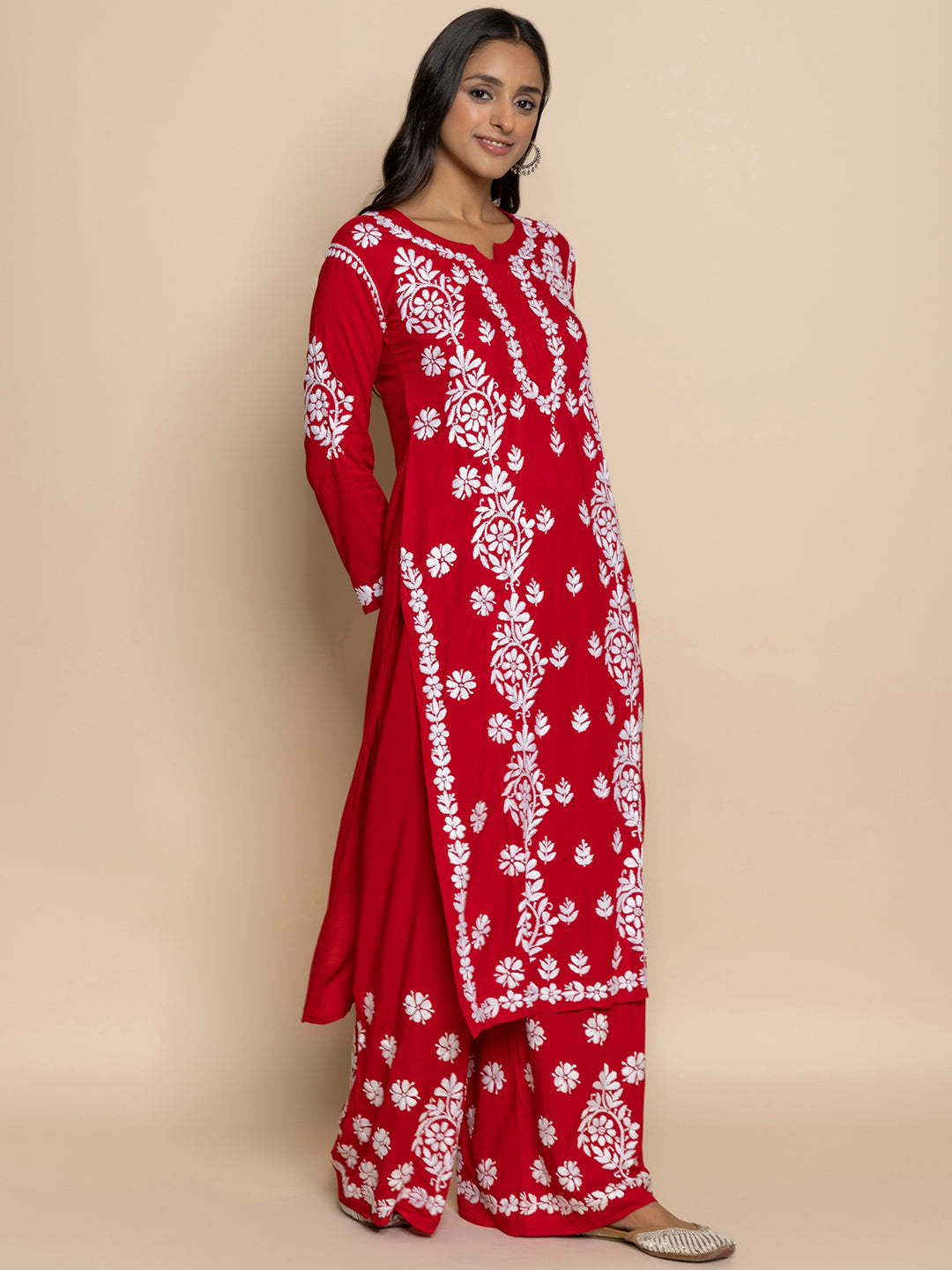 HOUSE OF KARI Floral Embroidered Chikankari Cotton A-Line Kurta | Swadesiicart