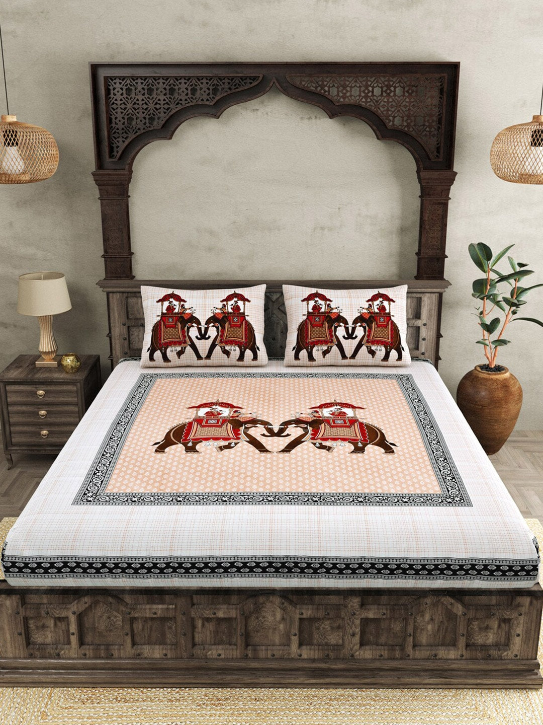 JAIPUR FABRIC Peach Ethnic Motifs Cotton 250 TC Super King Bedsheet With 2 Pillow Covers | Swadesiicart