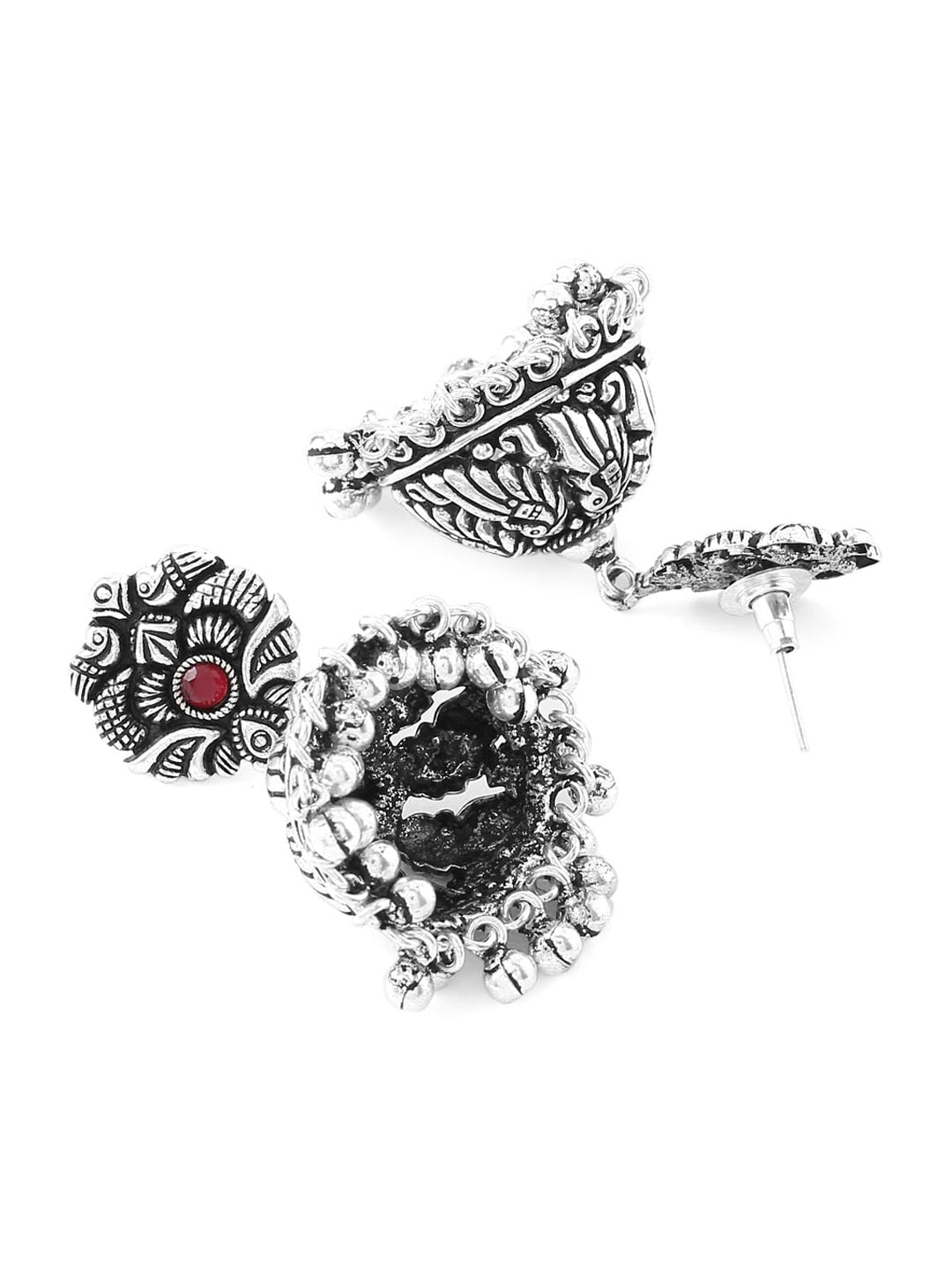 Yellow Chimes Silver-Plated Kolhapuri Peacock Design Jhumkas Earrings | Swadesiicart