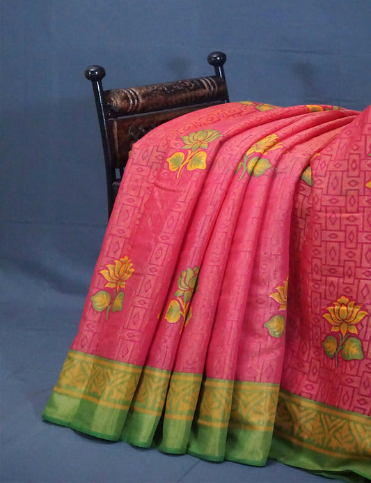 Tomato Pink And Light Green Cotton Brasson Saree For Office/Regular Wear By Gayathri Reddy Designer Studio | Swadesiicart