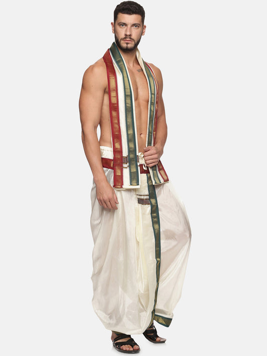 Sethukrishna Men Cream Coloured Solid Dhoti Pant With Angavastram | Swadesiicart