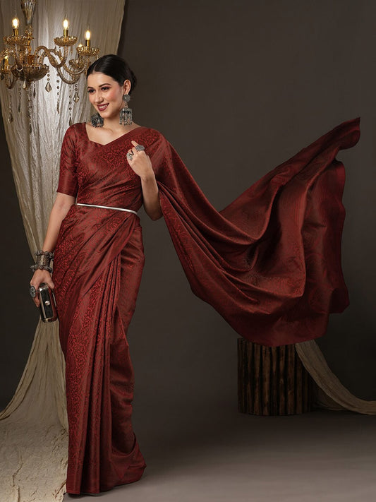 Saree Mall Maroon Woven Design Zari Silk Blend Banarasi Sarees | Swadesiicart