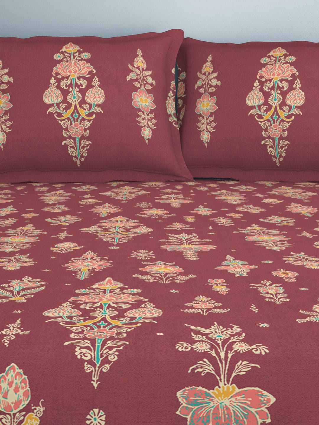SPACES Aurum Red Ethnic Motifs Pure Cotton 140 TC Queen Bedsheet with 2 Pillow Covers - Swadesiicart